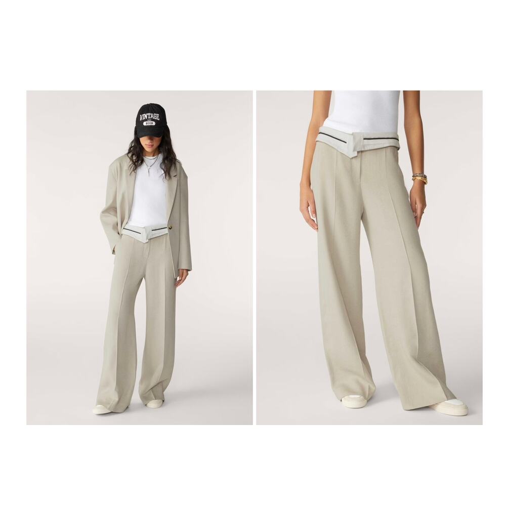 NWT BA&SH Women’s Harry Contrasting-Waistband Trousers in Beige  Size 3